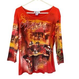 Y2K Lighthouse Apparel Womens Shirt Large Cotton Cafe Rhinestone 3/4 Sleeve